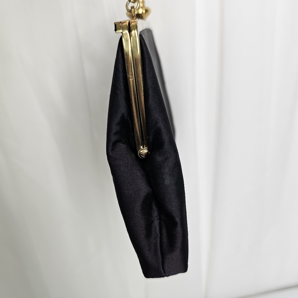 Vintage Coblentz Black Satin  Convertible Clutch Evening Bag Gold Chain Hinge - Picture 6 of 9
